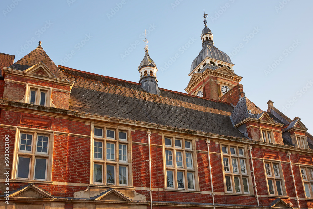 Facade of the Victorian red brick Swindon Town Hall in Swindon, architect Brightwen Bryon