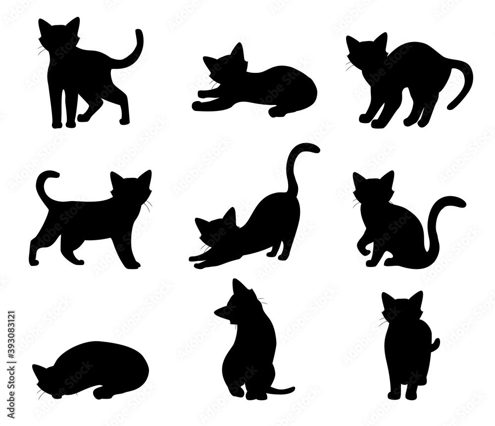 Cat set different poses black silhouette isolated on white background.