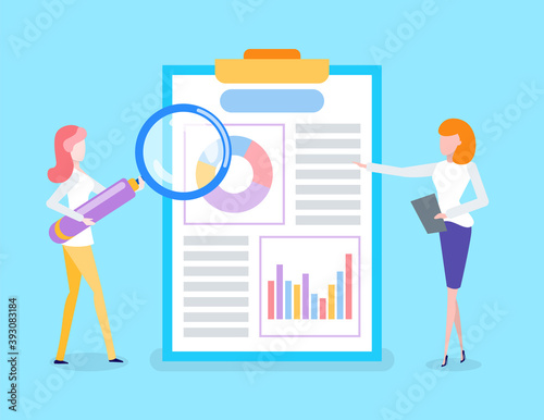 Businesslady analyzing received data vector. Business project results, people working on information processing. Lady with magnifying glass zooming