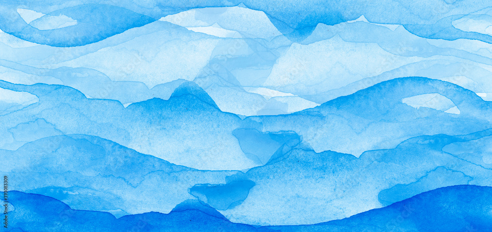 Watercolor line of blue paint, splash, smear, blot, abstraction. Used for a variety of design and decoration. Strokes of paint, lines, splash. Horizontal line,background. Blue sea, Hill, fog mountain Watercolor line of blue paint, splash, smear, blot, abstraction. Used for a variety of design and decoration. Strokes of paint, lines, splash. Horizontal line,background. Blue sea, Hill, fog mountain