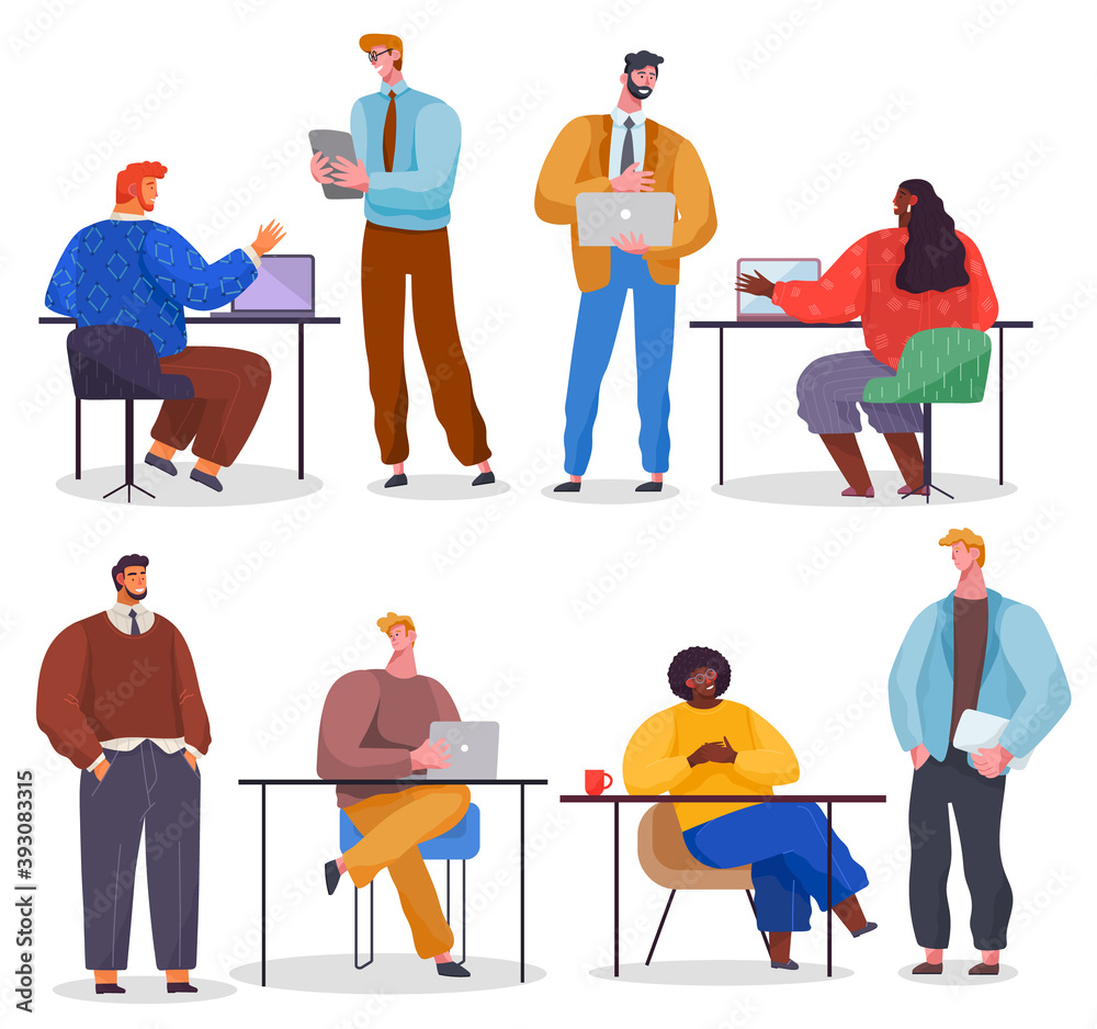 Business characters working in office workplace at the table with laptop flat design. Co working people, meeting teamwork, collaboration and discussion. Businesspeople office life illustration
