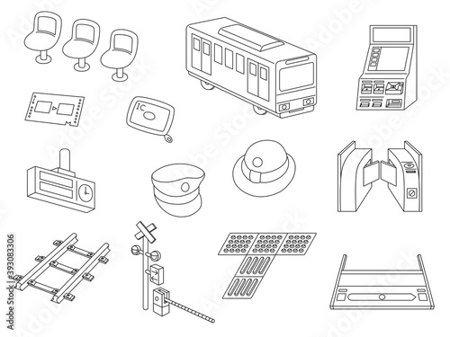 線画　アイコン　帽子　電車　改札　切符　ベンチ　踏切　点字ブロック　看板　線路　切符売り場　定期券等