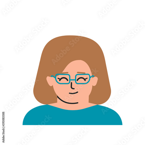 Vector flat isolated illustration with portrait of cartoon character. Avatar of clever Caucasian little girl with brown hair, bright skin, glasses. Cute american girl smiles. White background