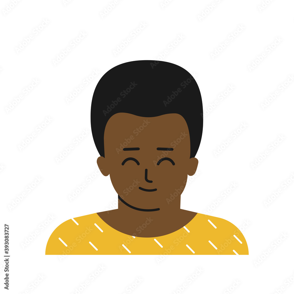 Vector flat isolated illustration with portrait of cartoon character. Avatar of little African american boy with short haircut, dark skin. Handsome Nigerian little man smiles. White background