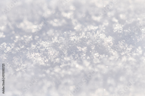 Winter snow natural blur abstract white beautiful background with snowflakes closeup. Christmas blurred shiny bokeh.