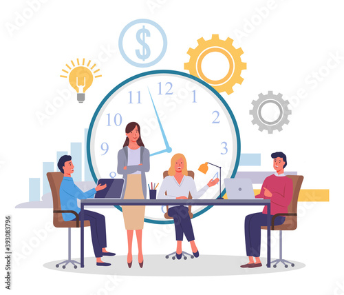 Huge conceptual clock, dollar icon, gears, idea light bulb, big table, employees, partners or competitors with laptops, woman manager standing, blond girl sitting. Negotiations, workflow. Flat image
