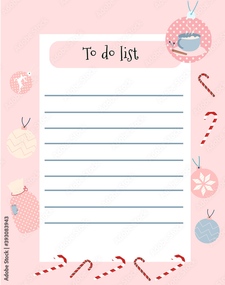 Wish or to do list.Weekly timetable, daily planner or personal schedule in flat style with Xmas symbols.Winter holidays theme.Christmas or New year preparing.Colorful candy canes and toys around.