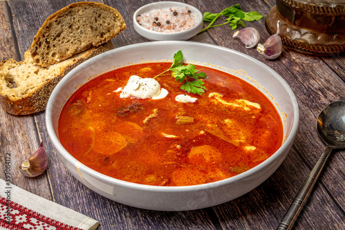 Hungarian traditional soup with meat and beans. Hungarian bableves or meat goulash with beans. 