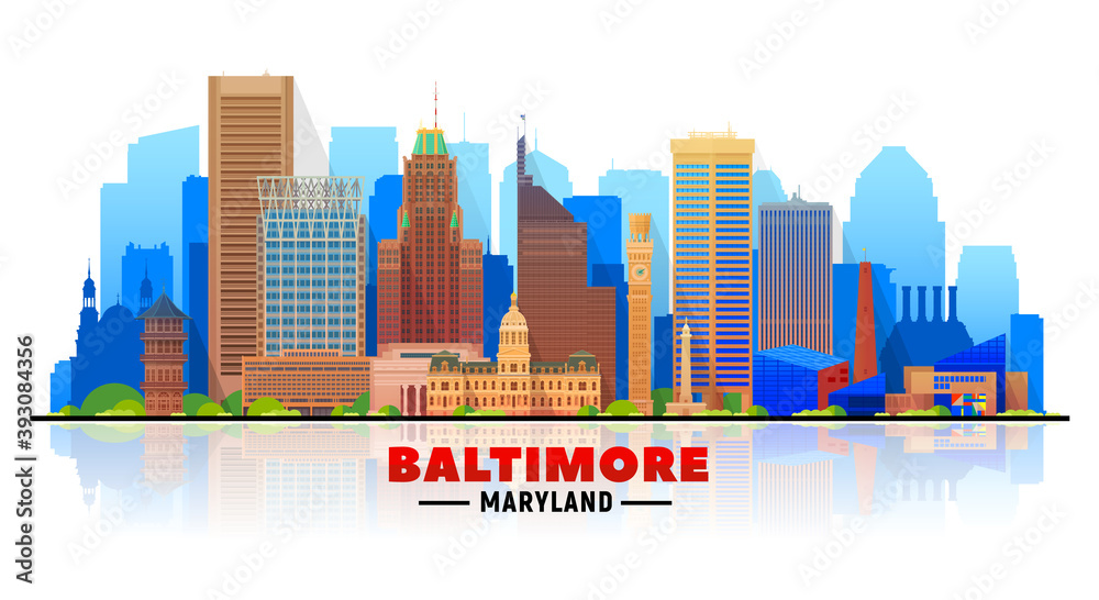 Baltimore Maryland USA skyline with panorama in white background. Vector Illustration. Business travel and tourism concept with modern buildings. Image for banner or web site.