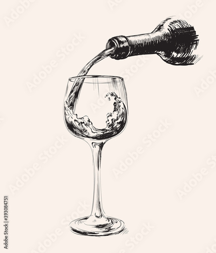 A Stream of Wine. Bottle And Glass. Hand Drawn Sketch Vector illustration.