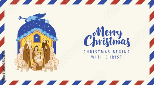 Postal envelope with illustration in cartoon style on the theme of Christmas. Bible illustration of Adoration of the Magi. Holy Family and Christmas angel. Christmas Nativity scene, Mary and Jesus