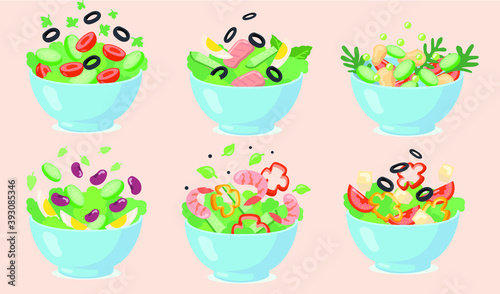 salad bowls set cut green vegetables with eggs olives cheese beans shrimps vector illustrations fresh food healthy eating appetizer lunch