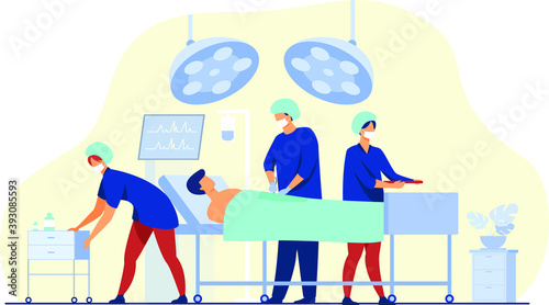 surgeons team surrounding patient operation table flat vector illustration cartoon medical workers preparing surgery medicine technology concept.