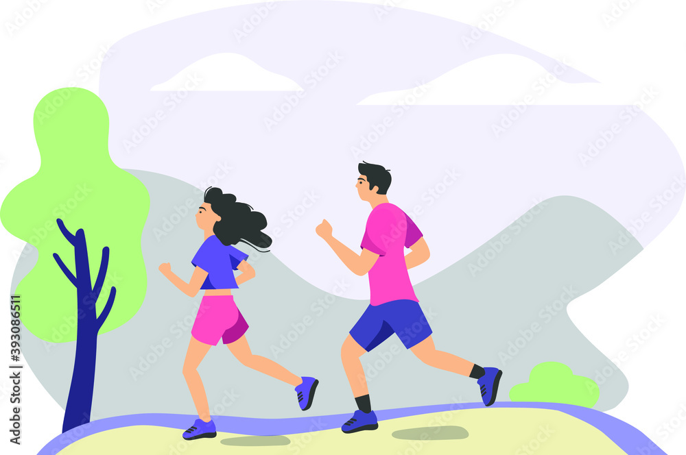 couple practicing trail run training. People jogging outdoors. Vector illustration for runners, aerobic fitness, health, life style, sport activity concept. people in the park