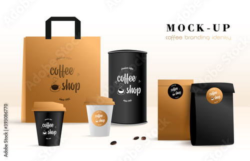 Realistic vector packaging coffee set. Packages, shopping bags, disposable coffee cup, takeaway packages on the table.Isolated blank mockup template for presentation and advertising.