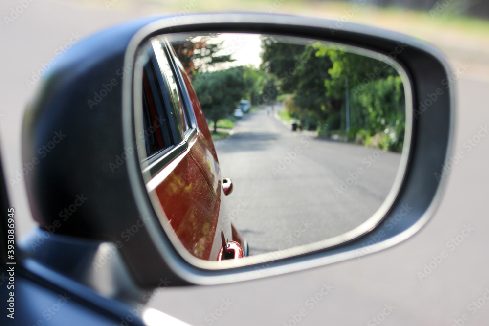 Rear view mirror with view of the road