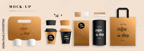 Stationery template design with coffee house elements. Package and cup. Mockup with logo. Modern vector illustration