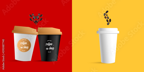 Beverage package mockup design concept for branding. Black and white coffee cup, package, sugar, smoke and heart symbol from coffee beans. Modern vector illustration 