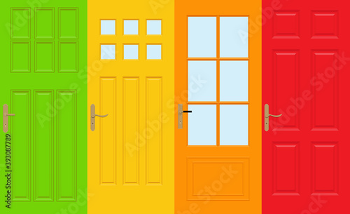 Colorful front doors to houses and buildings set in flat design style isolated  vector illustration.