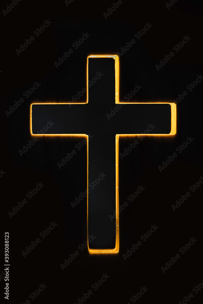 Silhouette of christian cross, lights, bokeh on black background. Copy space. Faith symbol. Church worship, salvation concept. Faith symbol in Jesus Christ. Holy cross for Easter day. Christianity Silhouette of christian cross, lights, bokeh on black background. Copy space. Faith symbol. Church worship, salvation concept. Faith symbol in Jesus Christ. Holy cross for Easter day. Christianity