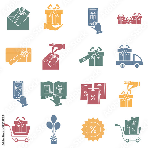 Set of gifts vector  icons isolated on white. Vector illustration. Vector symbol.  Color Pictogram. Concept of mobile ordering