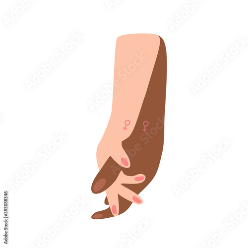 Women's hands are held together with tattoos of Venus symbols, fingers intertwined. Symbol of love, February 14, LGBT.