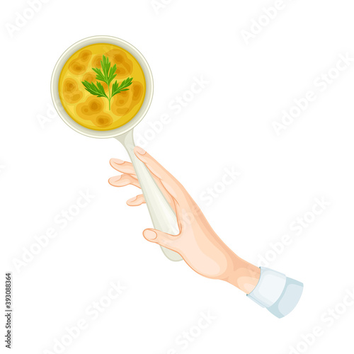 Human Hand Holding Cooked Julienne Dish Above View Vector Illustration