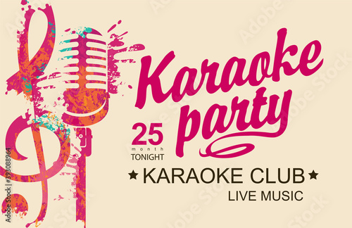Music poster for karaoke party with an abstract bright microphone, treble clef and calligraphic inscription on a light background. Vector flyer, invitation, banner or ticket