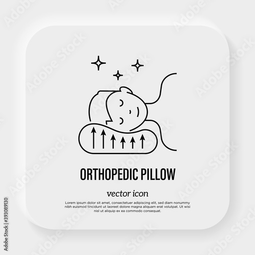 Orthopedic pillow: comfortable position for sleep. Insomnia treatment. Thin line icon. Vector illustration.