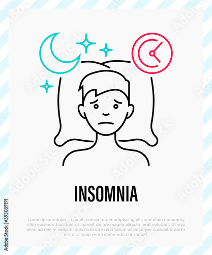Insomnia: tired man lying on pillow, sleepless, depression, stress. Thin line icon. Vector illustration.