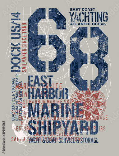 Yacht boat and sailboat marine service vintage nautical vector artwork for kid boy t shirt