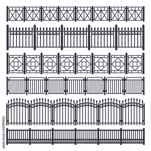 Metal fence and gate, iron steel railing barrier
