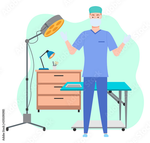 Male surgeon or veterinarian in uniform and mask standing with arms up near sectional table, floor-mounted operational light. Table lamp and medical instrument on cupboard. Green shapeless background