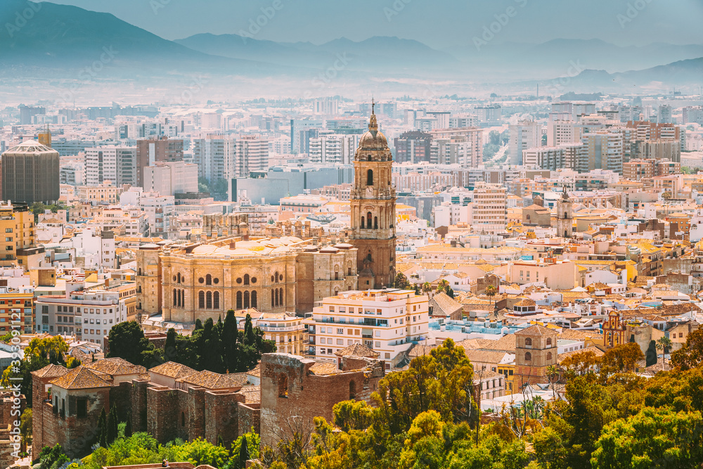 Malaga, Spain. Cityscape Elevated View. Cathedral Of Malaga Is A Renaissance Church
