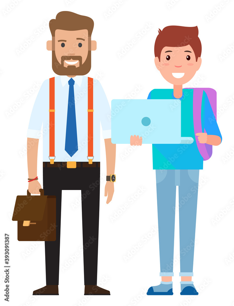 Stylish businessmen and teenager. Smiling boy with schoolbag holding opened laptop. A man with beard in a shirt and tie holding in his hand a briefcase. Couple of family characters father and son Stylish businessmen and teenager. Smiling boy with schoolbag holding opened laptop. A man with beard in a shirt and tie holding in his hand a briefcase. Couple of family characters father and son