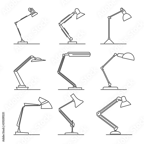 Set of simple vector images of table lamps drawn in art line style.