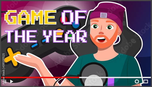 Screensaver of video post. Male professional gamer tell about computer games news the best game of the year sitting in an armchair recording video with microphone. Young man blogger creating content
