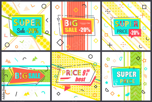 Set of six sale banners. Discount poster template. Big sale special offer. End of season special proposition banner vector flat style. Best price advertising poster with colored geometric elements