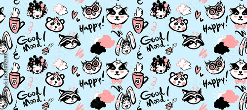 Hand-drawn seamless pattern in pink and black colors on the blue background. There are cute stylized cartoon sheep, husky dog, panda, bunny, owl, raccoon with pink bow, hearts and tea cups photo