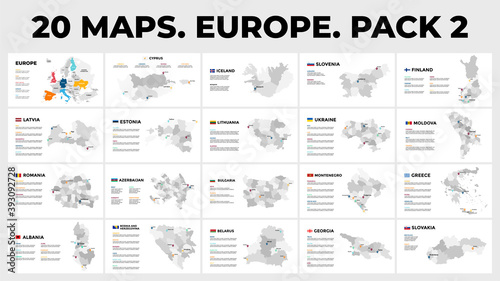 20 Maps. Europe. Vector map infographic templates. Pack 2. Slide presentation. All countries divided into regions. Included flags and tag labels.