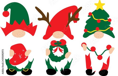 Christmas gnomes in red, green hats with Christmas decorations