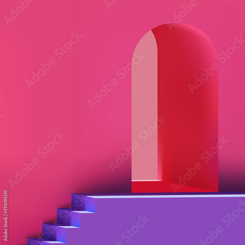 Fototapeta Naklejka Na Ścianę i Meble -  3d realistic trendy pastel minimalist architecture with arch wall and stairs vector background