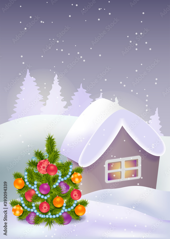 Christmas / New Year landscape. Decorated Christmas tree on the front, small house, showdrifts and forest on the background. Vector banner, greeting card, invitation.