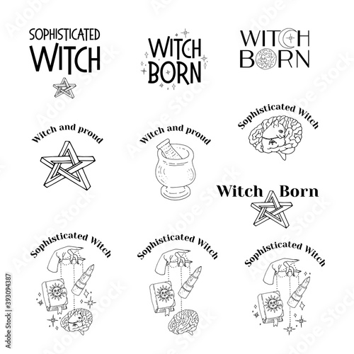 Set of line art witchcraft and magic items and scenes. Witchy mystical clipart. Prints with text.