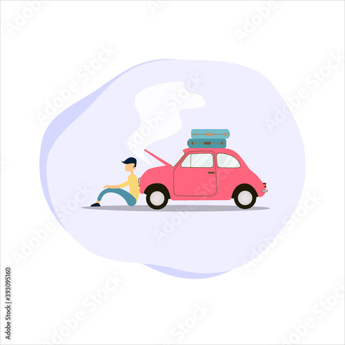 Man sitting near broken car with suitcases. Breakdown of the car on the road while traveling. Vector illustration in flat style.
