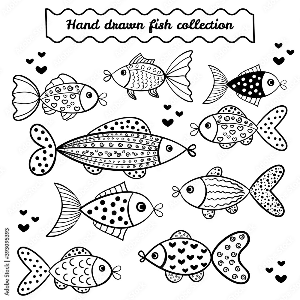 The hand drawn fish collection is isolated on white background.