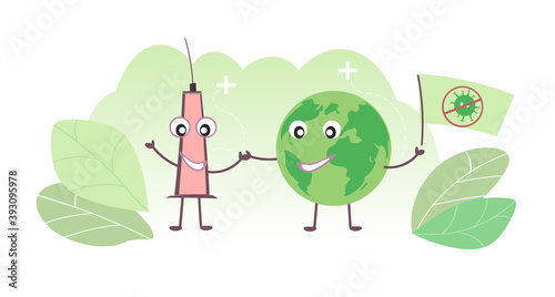 Worldwide vaccination against coronavirus. Call for universal COVID-19 vaccination. Stop the coronavirus. Vector stock illustration. White background. Cartoon and flat characters.