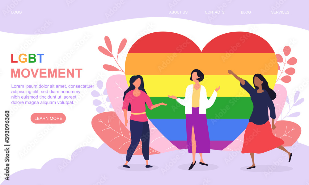 Happy female activists celebrating gay pride. Group of women over rainbow background. LGBT movement or pride concept for banner, website, webpage, landing page template. Cartoon vector illustration