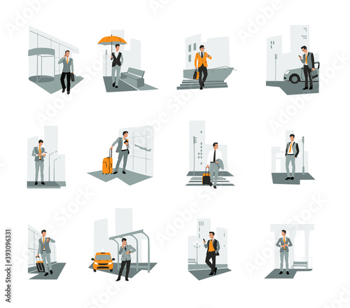 A set of illustrations with a business man with an umbrella and a briefcase in different places of the city: near the airport, near a taxi, at the train and bus station, near the car. Vector.