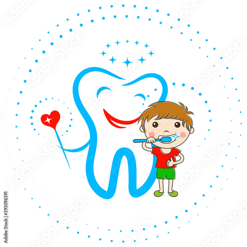 Tooth hugs a happy smiling baby cleaning his teeth as a logo, advertising for dentistry, toothpaste, tube packaging or posters. Proper behavior model as upbringing of younger generation. Round layout